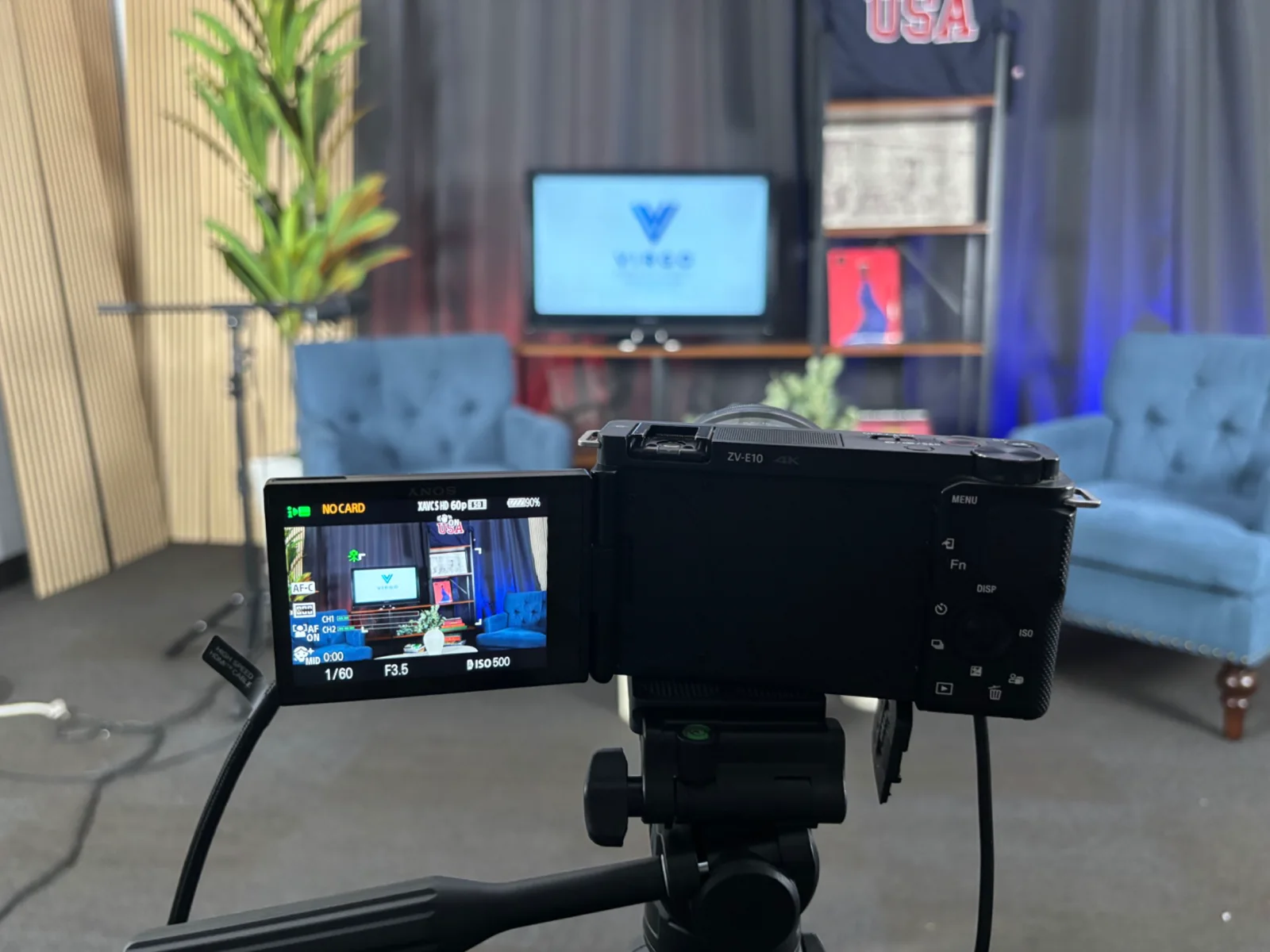 Sony camera set up to record the updated VIRGO Podcast Studio